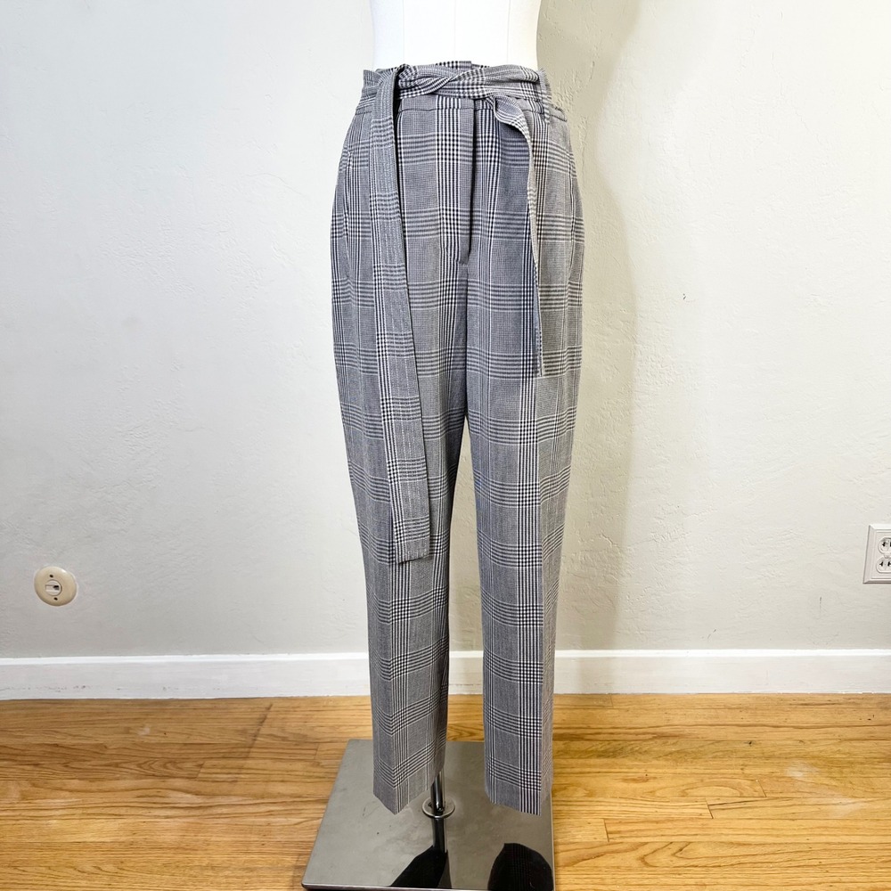 Aritzia Wilfred Dress Pants Tie Waist‎ Plaid Size 8 Pink Black Tapered Trousers
